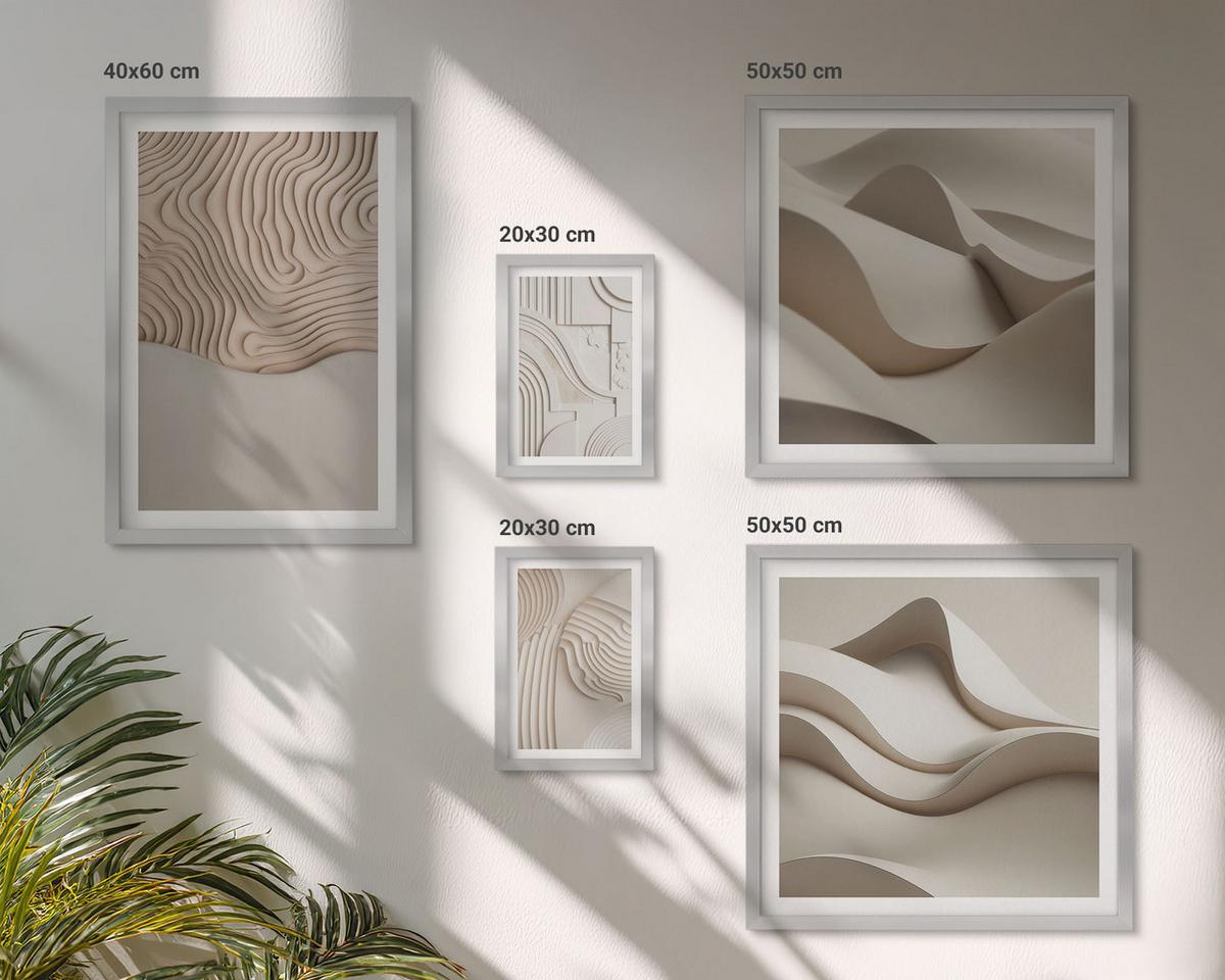 BILDER SET 5er Set - 50x50 cm & 20x30 cm & 40x60 cm Silberner Rahmen - Abstrakte Wellen auf dem Sand - Silberfarben, Kunststoff (40/60cm) - TULUP