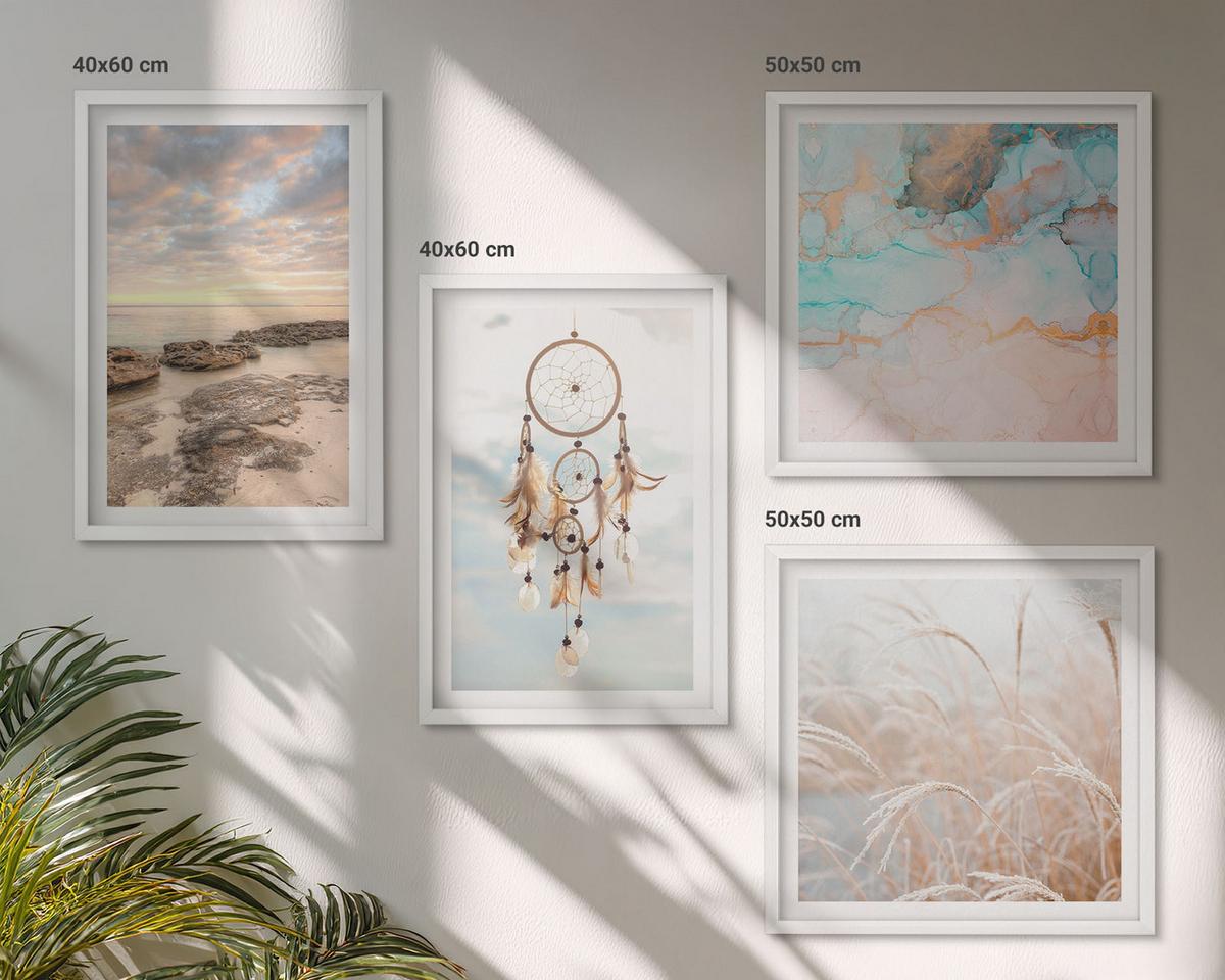 BILDER SET 4er Set - 50x50 cm & 40x60 cm Weißer Rahmen - Wolkenmeer, Traumfänger, Gras - Weiß, Kunststoff (50/50cm) - TULUP
