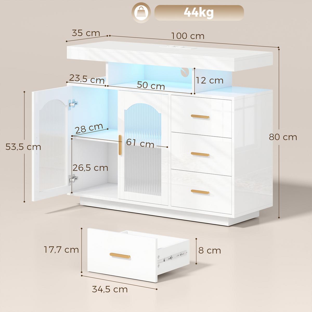 SIDEBOARD MDF Weiß - Weiß Hochglanz/Goldfarben, Holzwerkstoff/Metall (35/80/100cm) - HOMCOM