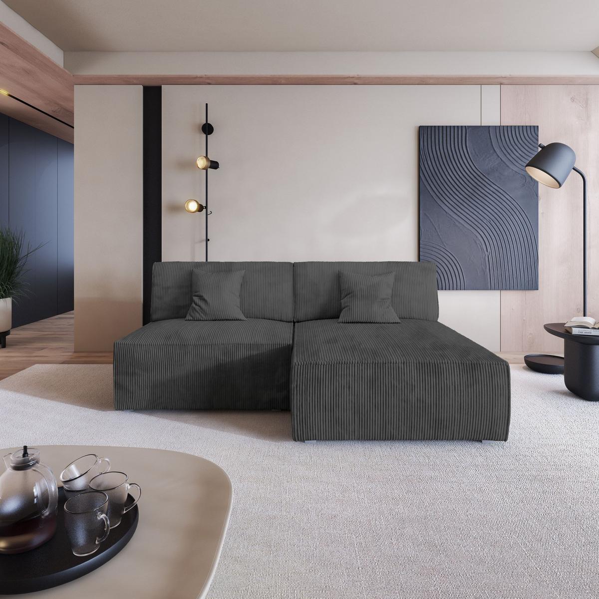ECKSOFA FIORO P Graphitfarben Kordstoff mit Schlaffunktion - Graphitfarben/Grau, Holz/Kunststoff (204/148cm) - MASSENO