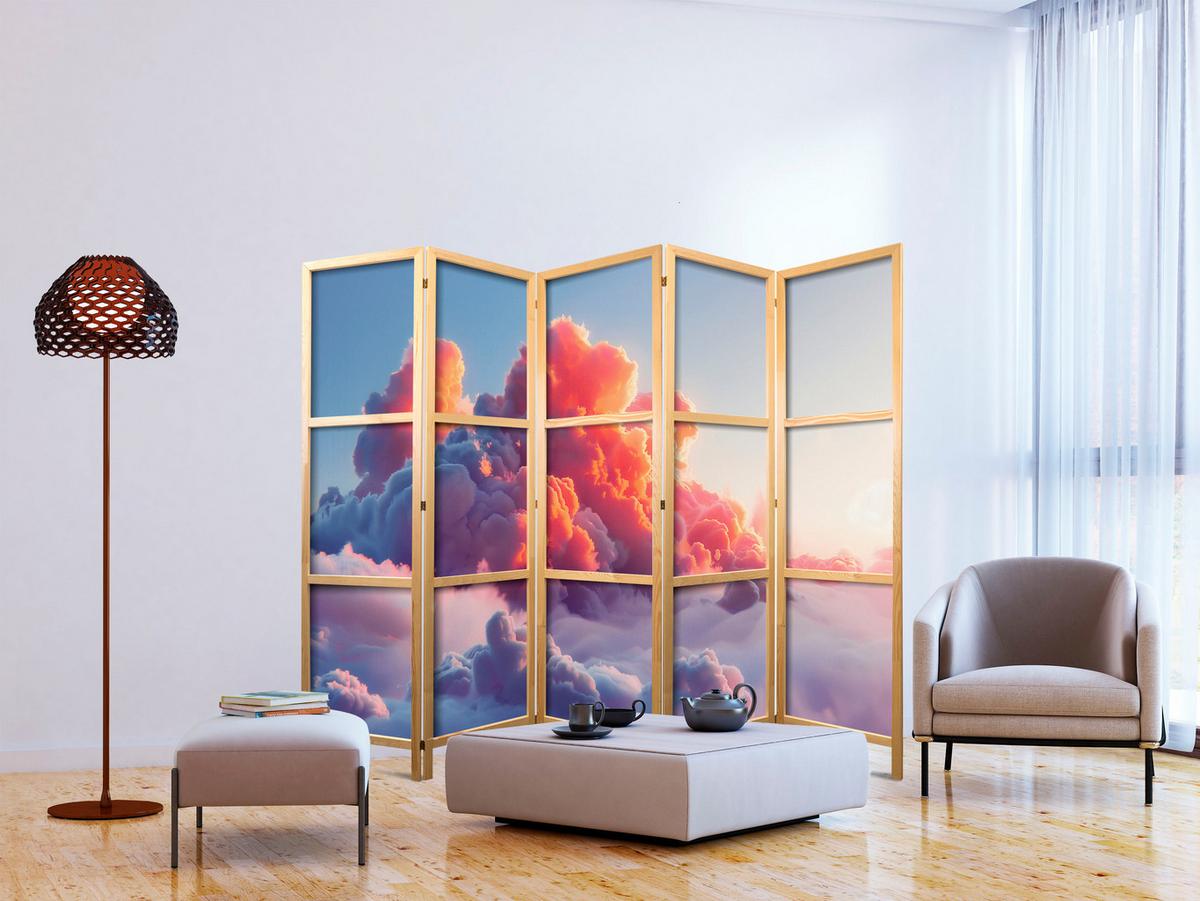 PARAVENT Japanischer 5-tlg 225x172 cm Bunte Wolken - Multicolor, Holz/Textil (225/172/3cm) - Muralo