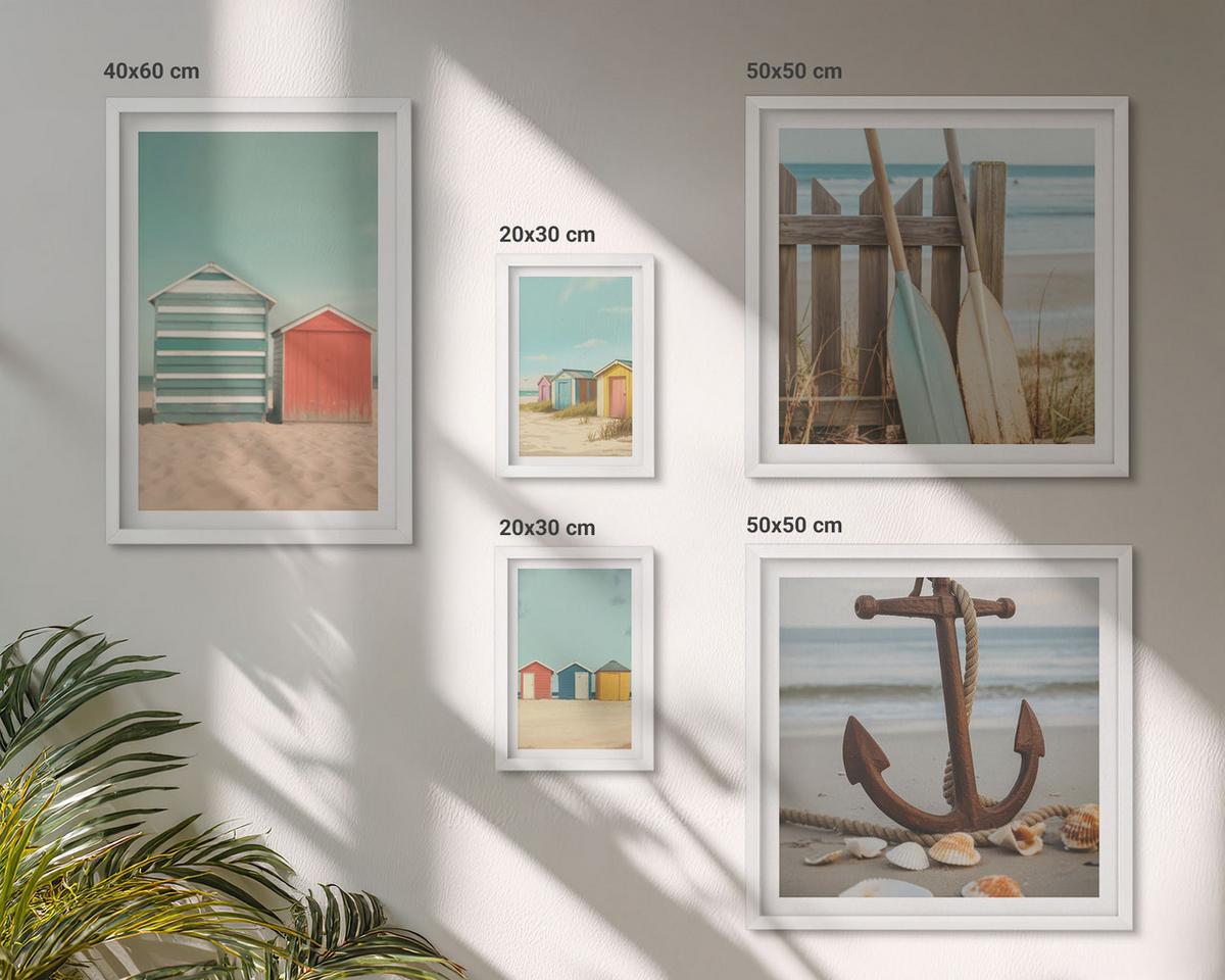 BILDER SET 5er Set - 50x50 cm & 20x30 cm & 40x60 cm Weißer Rahmen - Bunte Häuser, Strand, Sonne - Weiß, Kunststoff (40/60cm) - TULUP