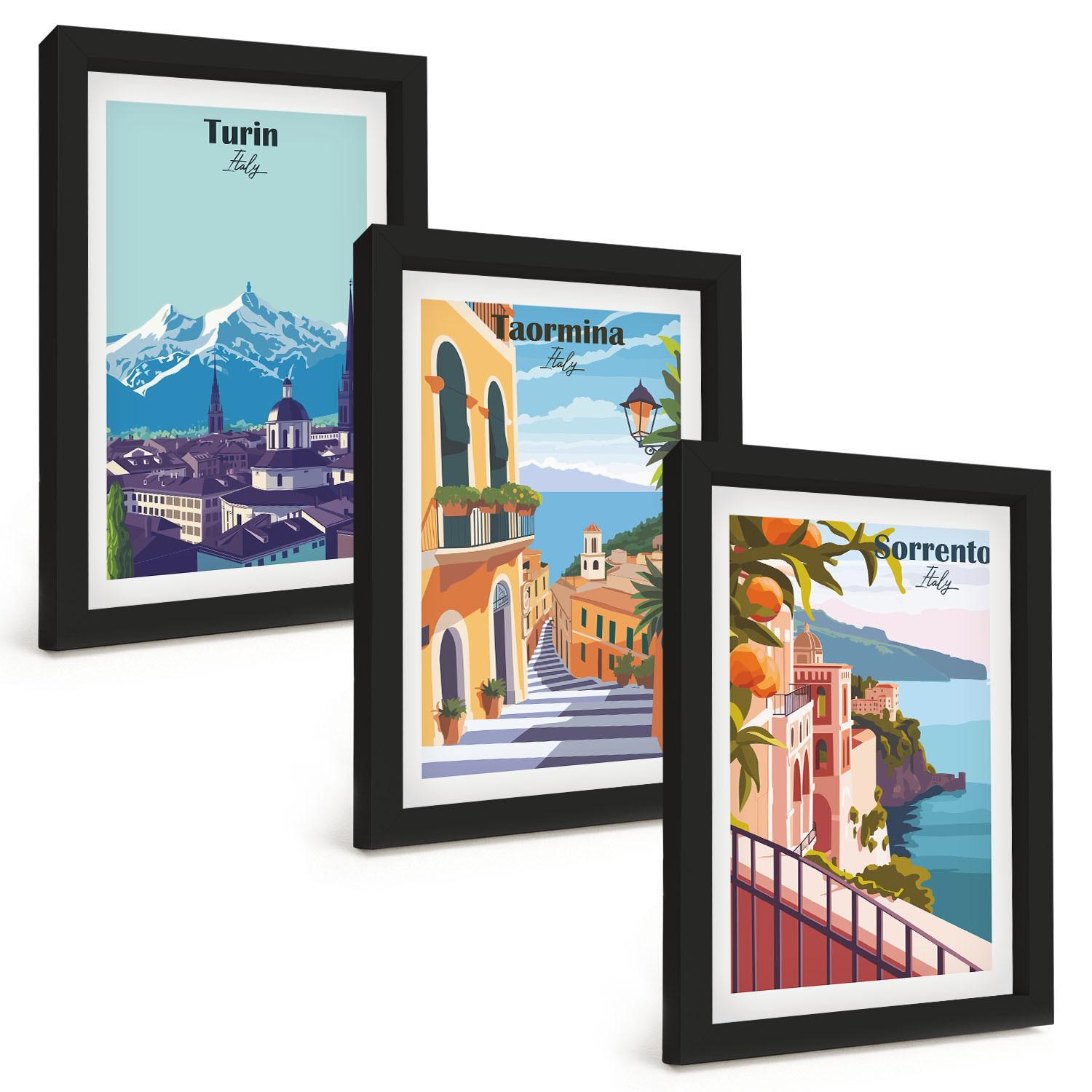 BILDER SET 3er Set - 20x30 cm Schwarzer Rahmen - Farbenfrohe Retro-Stadtansichten - Schwarz, Kunststoff (20/30cm) - TULUP