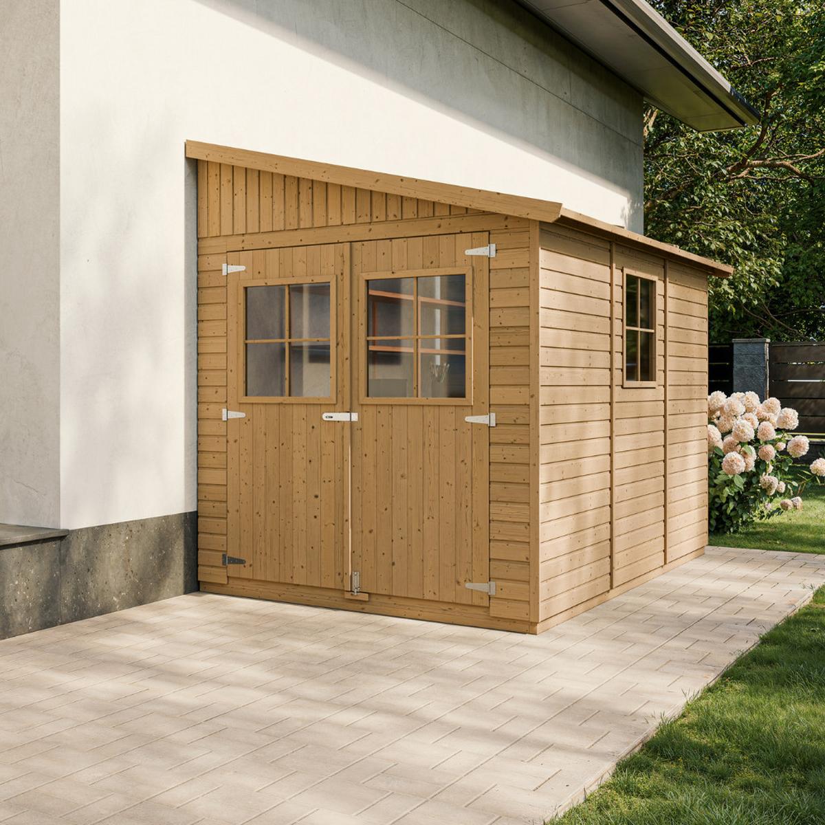 HOLZ-GARTENHAUS (ohne Seitenwand) - H244x211x318 cm/6 m2 - M339 - Beige, Holz (216/243/297cm) - Timbela