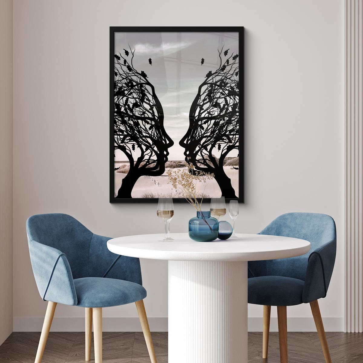 POSTER MIT RAHMEN Strand - Meer - Menschen - Baum - Moderne Kunst Posterleiste 60x80 cm - Hellgrau, Papier (60/80cm) - MuchoWow