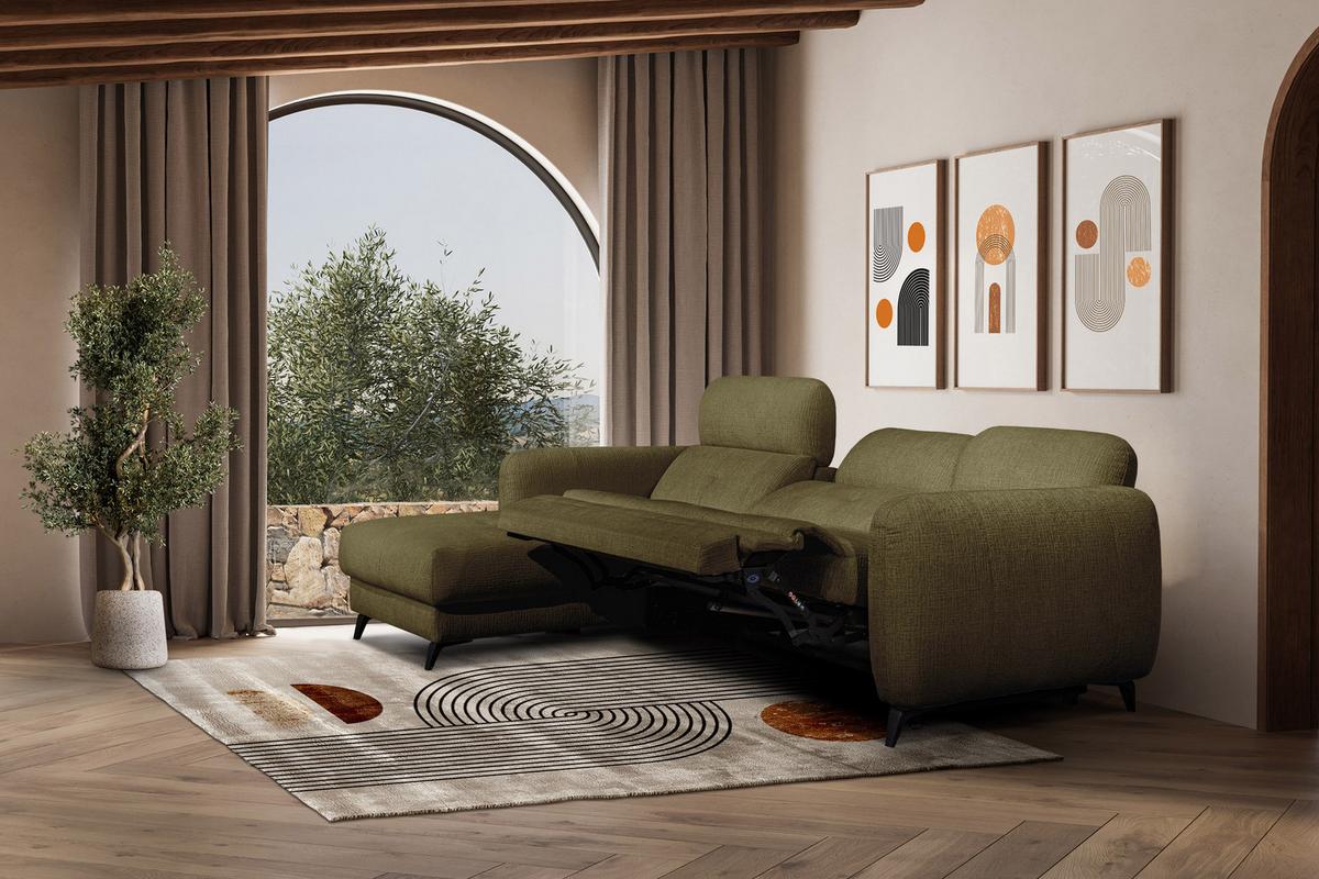 ECKSOFA SVEN 3-Sitzer, 1 Relax XL, verstellbare Kopfstützen, olivgrün - Schwarz/Olivgrün, Holzwerkstoff/Textil (256/163cm) - Wozimo