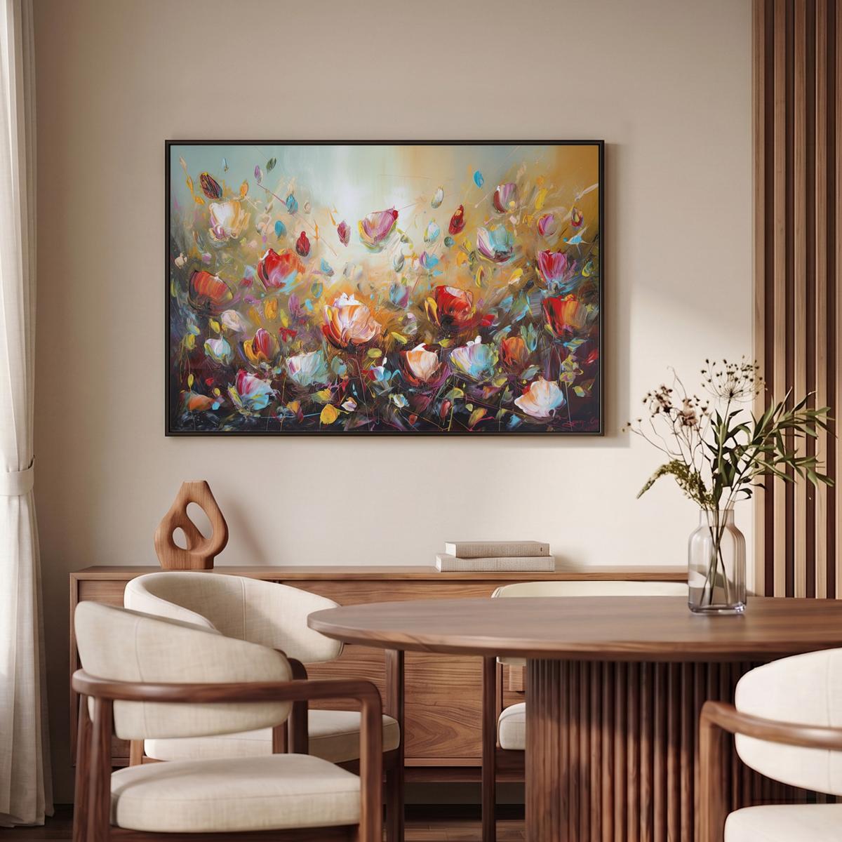 LEINWAND Bilder mit Rahmen - Blumen - Kunst - Natur - Ölgemälde - 90x60 - Multicolor, Textil (90/60cm) - MuchoWow