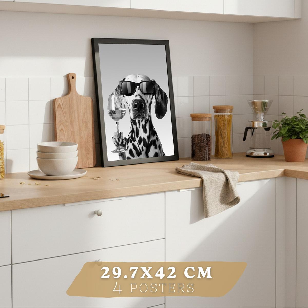 POSTER 4er Set Lustige Tiere mit Brille Wandbilder Katze Dalmatiner Panda Koch Schwarz Weiß Küche Deko Schwarzer Rahmen A4 - Schwarz, Papier (29.7/1/21cm) - Nacnic