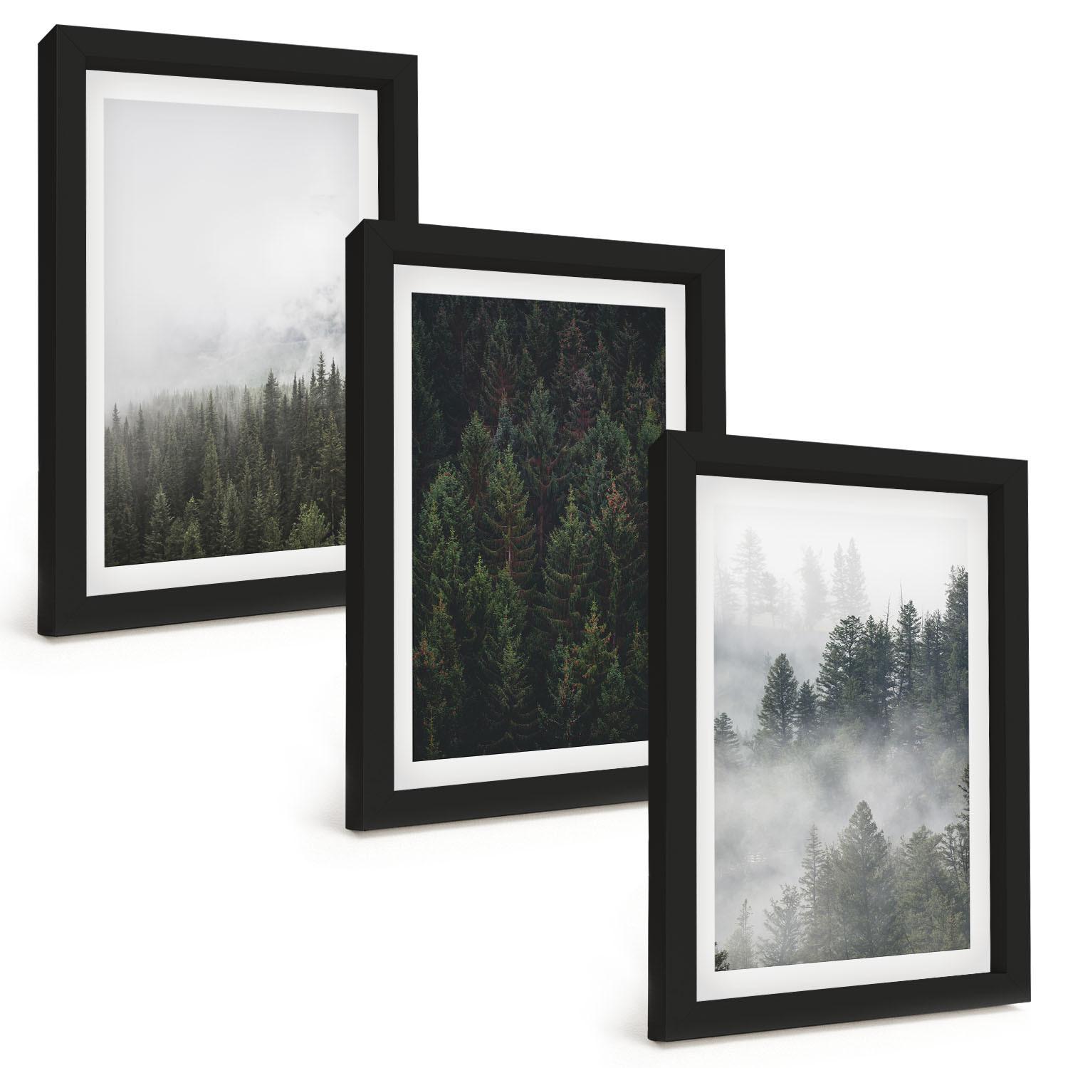 BILDER SET 3er Set - 20x30 cm Schwarzer Rahmen - Grüne Wälder Nebel Natur - Schwarz, Kunststoff (20/30cm) - TULUP