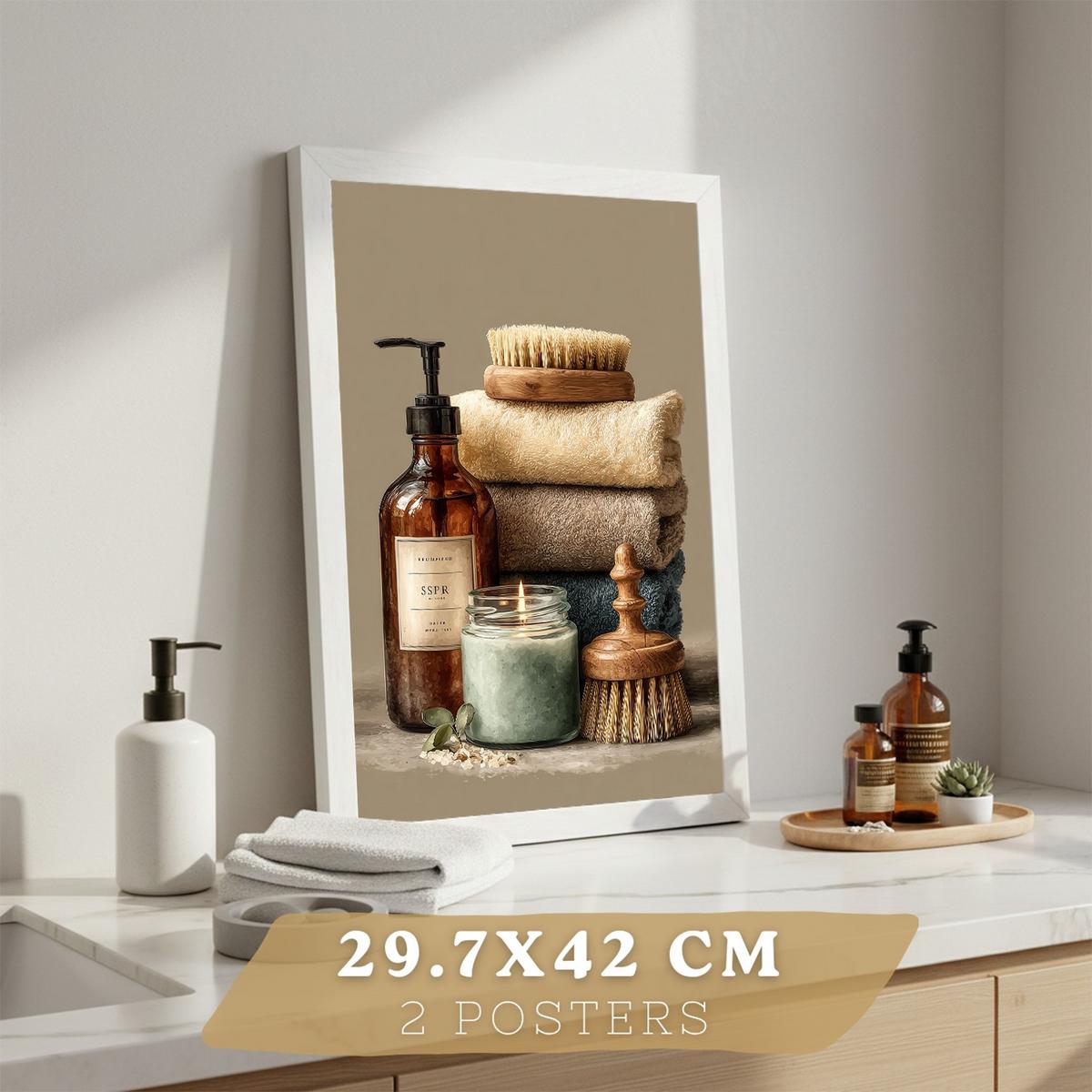 POSTER 2er-Set dekorative Badezimmer-Wandbilder und für Waschbecken, Dusche, WC mit Seifen, Handtüchern und Bürsten, Naturstil Weißer Rahmen A3 - Weiß, Papier (42/29.7/3cm) - Nacnic