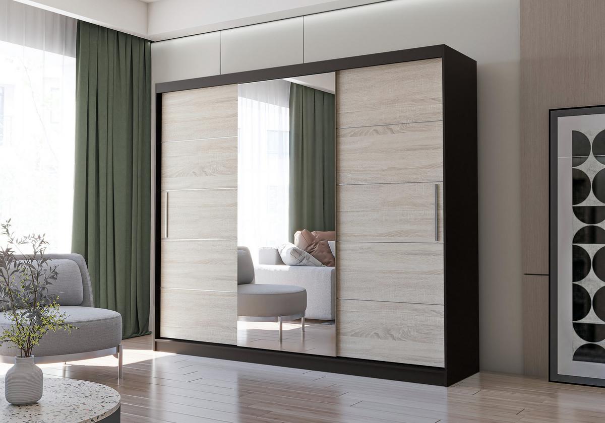 SCHWEBETÜRENSCHRANK Alba Schwarz/Sonoma Eiche + Spiegel, ohne LED Beleuchtung 250 cm - Alufarben/Schwarz, Glas/Holzwerkstoff (250/218/61cm) - imoebel24