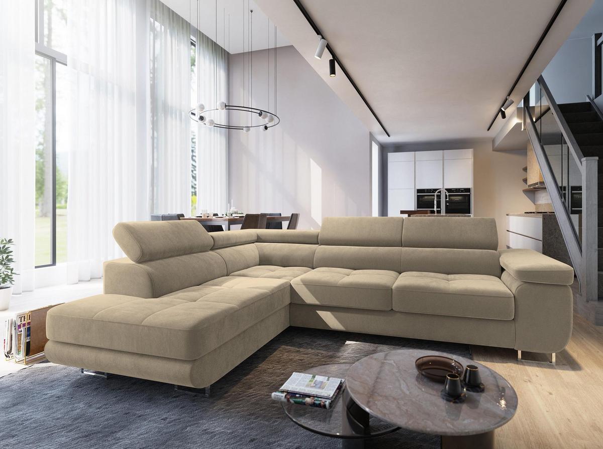 ECKSOFA SELVA L-S Creme Velours-Stoff mit Schlaffunktion - Silberfarben/Creme, Holz/Holzwerkstoff (275/202cm) - MASSENO