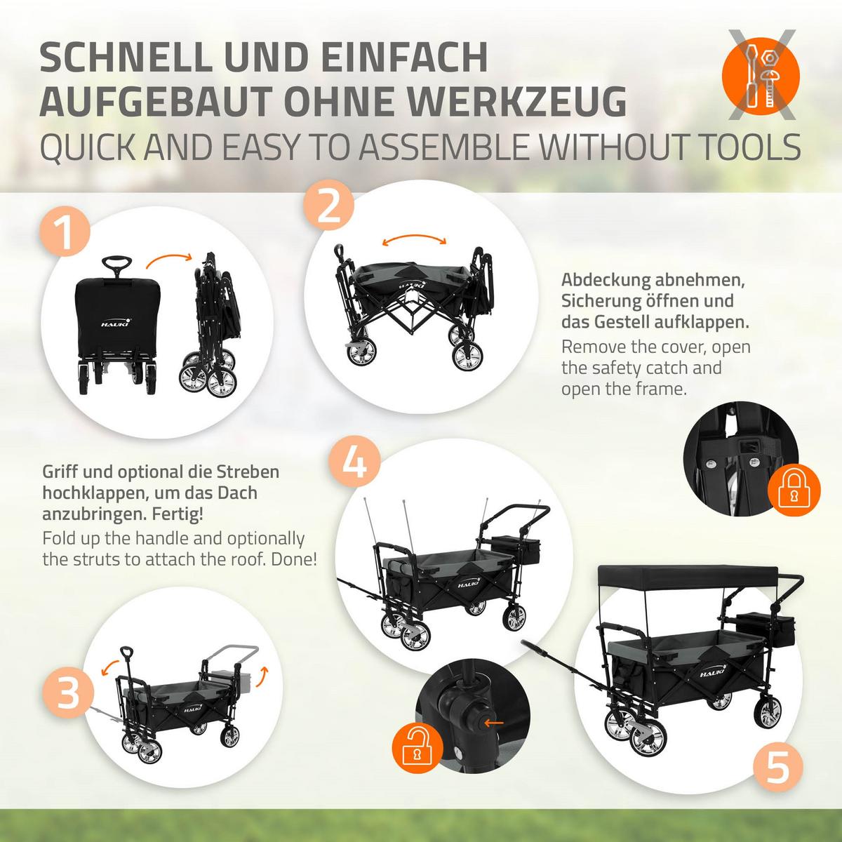 BOLLERWAGEN faltbar mit Dach XXL Schwarz-Grau Handwagen für Kinder Strand Picknick - Schwarz, Metall (56/99/196cm) - Hauki