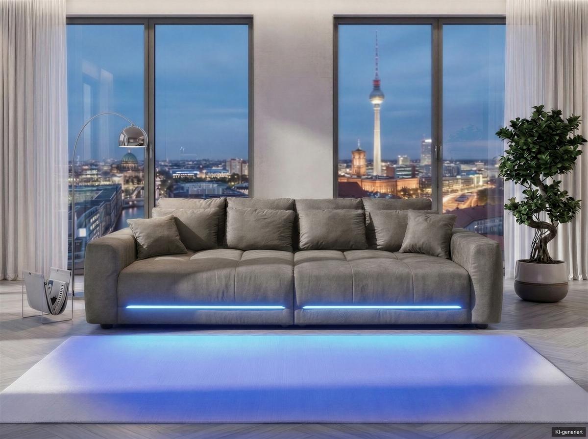 BIG-SOFA Federkern B294/T136/H86 cm, RGB-LED-Beleuchtung mit Fernbedienung, Mikrofaserstoff in Hellgrau / 15416 - Hellgrau/Schwarz, Kunststoff/Textil (294/86/136cm) - luma-home
