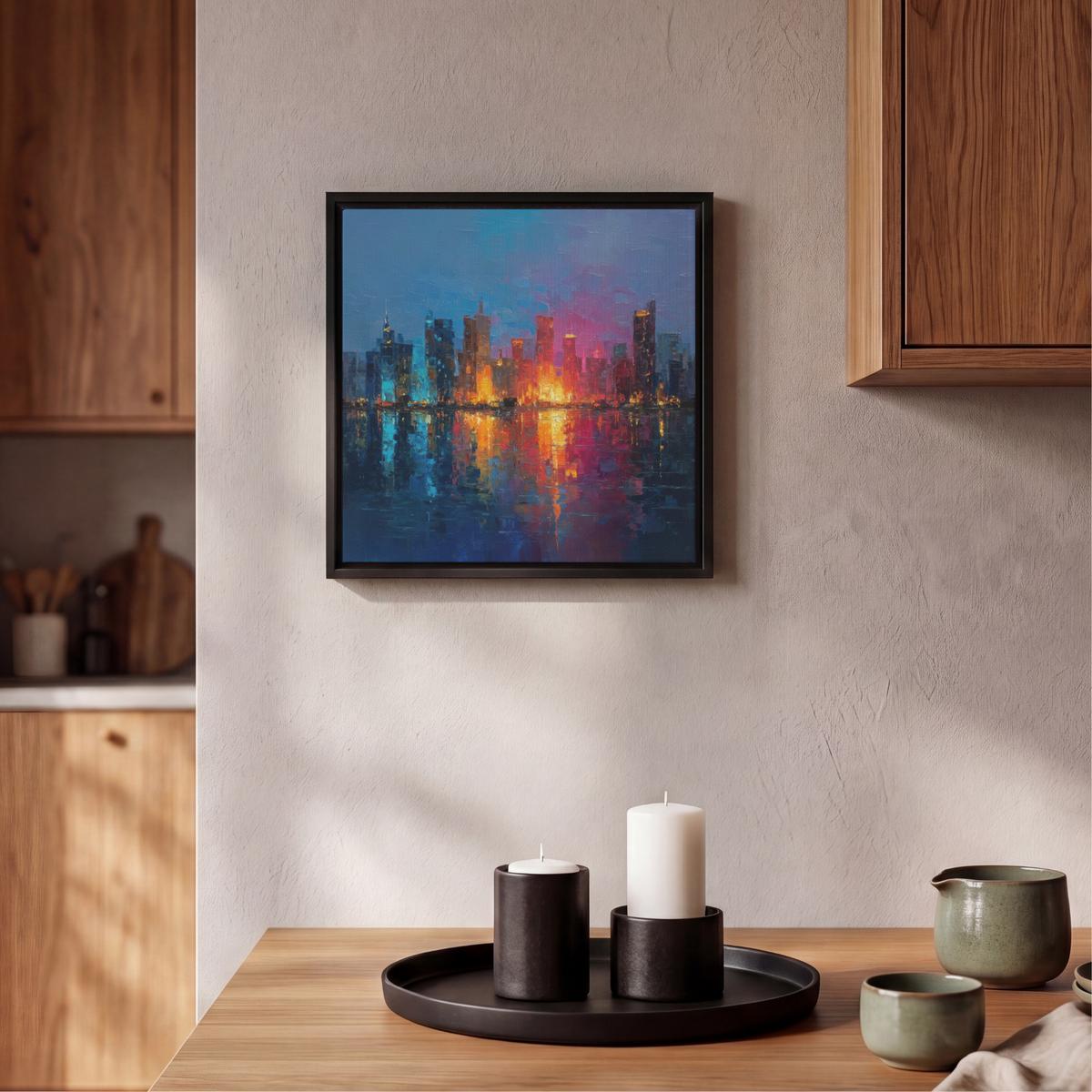 LEINWAND Bilder mit Rahmen - Skyline - Pinselstriche - Dunkelblau - Leuchtend - 20x20 - Blau, Textil (20/20cm) - MuchoWow