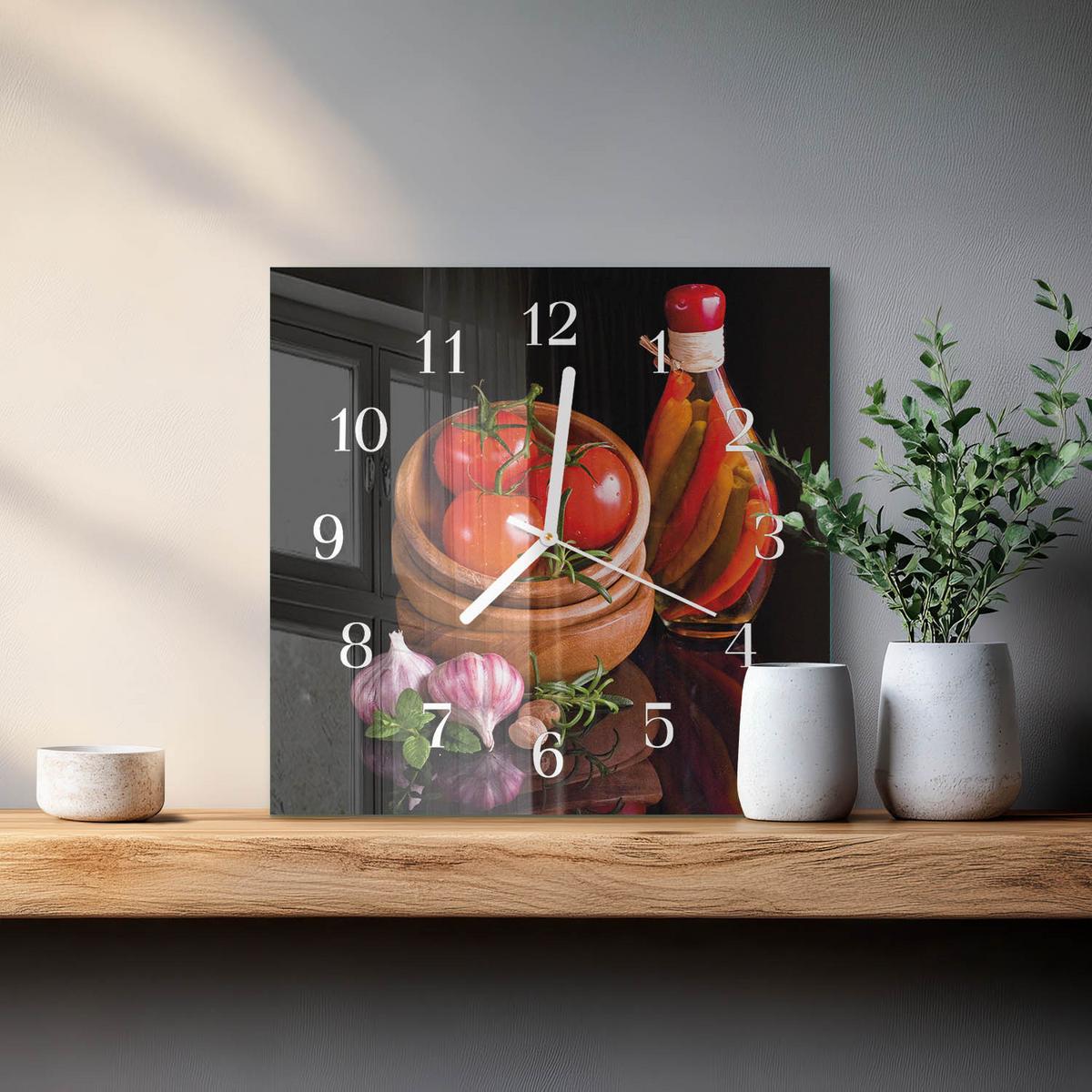 WANDUHR aus Glas 30x30 cm - Tomaten und Knoblauch - Rot, Glas (30/30/0.4cm) - TULUP
