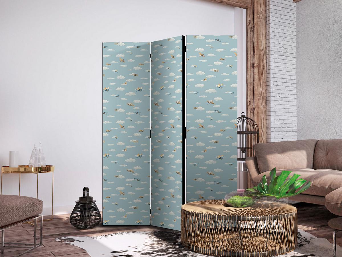 PARAVENT Beidseitig Bedruckter 3-tlg 135x172 cm Flugzeuge Wolken - Blau, Holz/Textil (135/172/3cm) - Muralo
