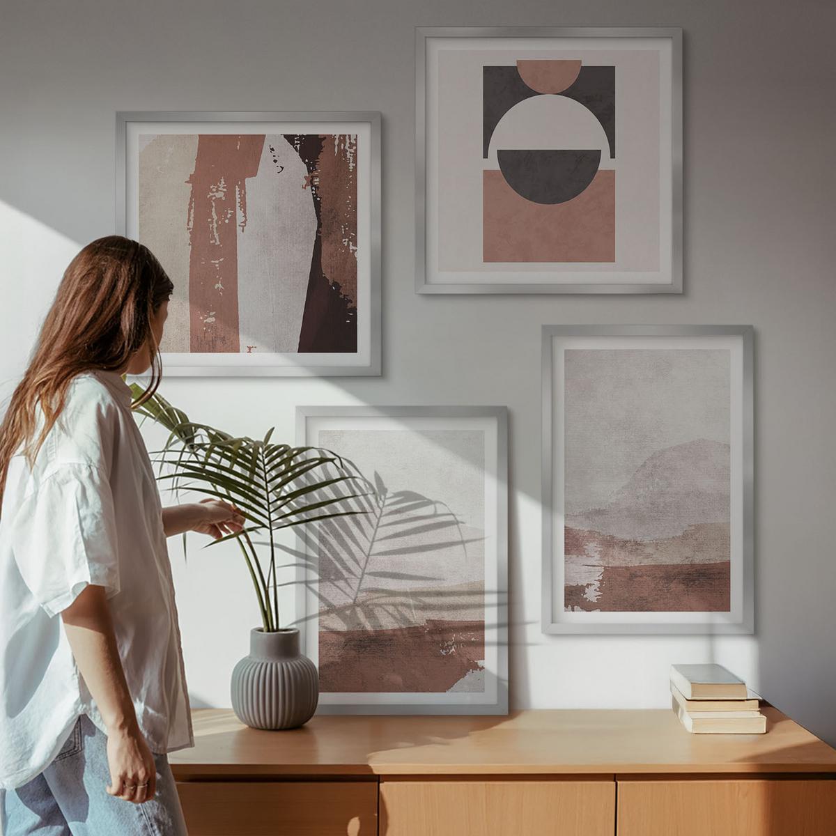 BILDER SET 4er Set - 50x50 cm & 40x60 cm Silberner Rahmen - Abstrakte braune Muster - Silberfarben, Kunststoff (50/50cm) - TULUP