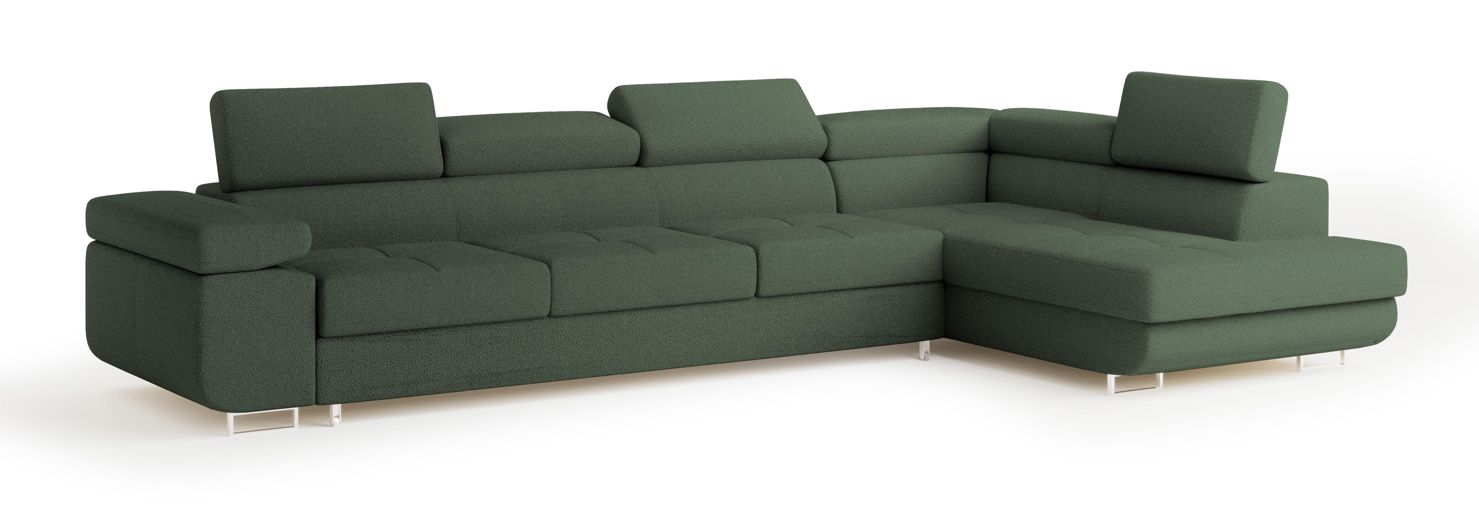 ECKSOFA VICENTE Grün Boucle-Stoff mit Schlaffunktion - Grün, Holz (346/202cm) - MASSENO