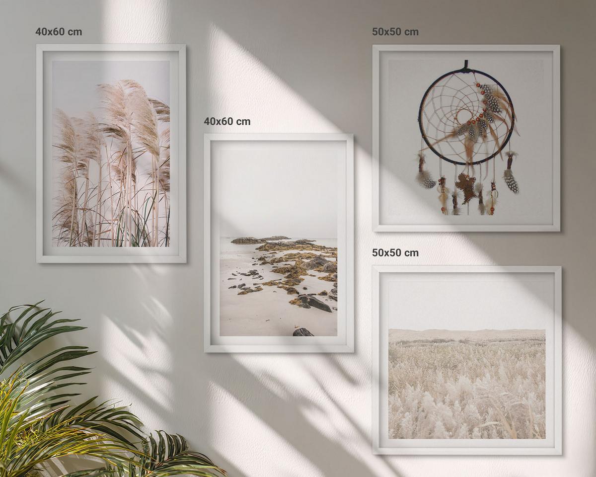 BILDER SET 4er Set - 50x50 cm & 40x60 cm Weißer Rahmen - Wiesen, Strand, Boho-Stil - Weiß, Kunststoff (50/50cm) - TULUP