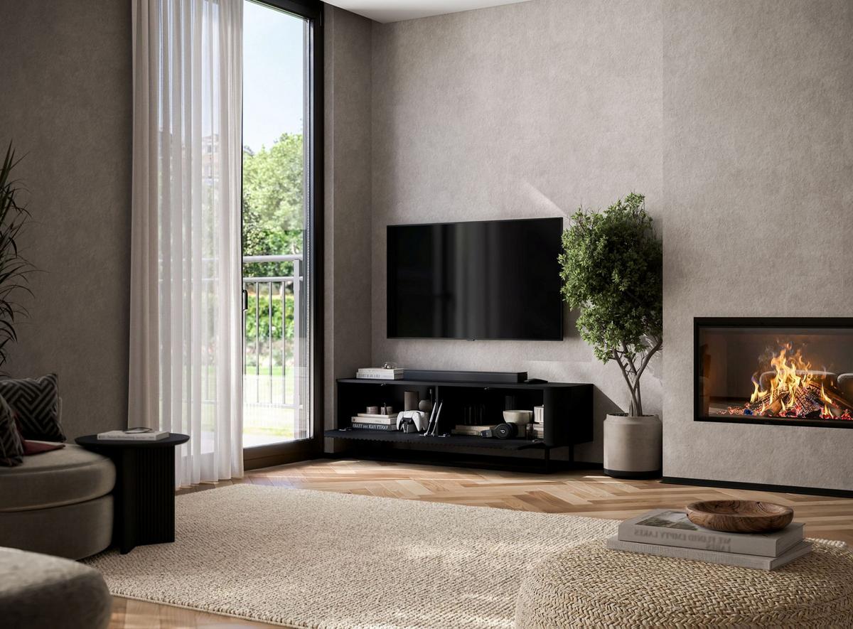 TV-LOWBOARD Aurora Schwarz matt 140 cm mit schwarzem Metallrahmen - Goldfarben/Schwarz, Holzwerkstoff/Metall (140/44/35cm) - Meble Lindner
