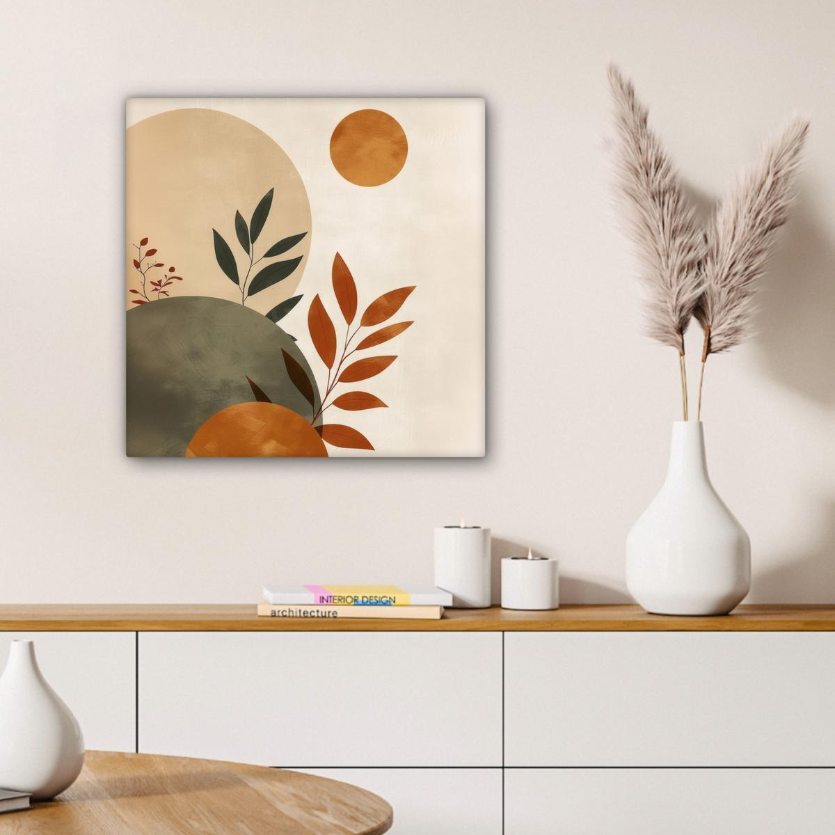 LEINWANDBILD Formen - Rund - Blätter - Beige Wandbild Wohnzimmer 50x50 cm - Rostfarben, Textil (50/50cm) - MuchoWow