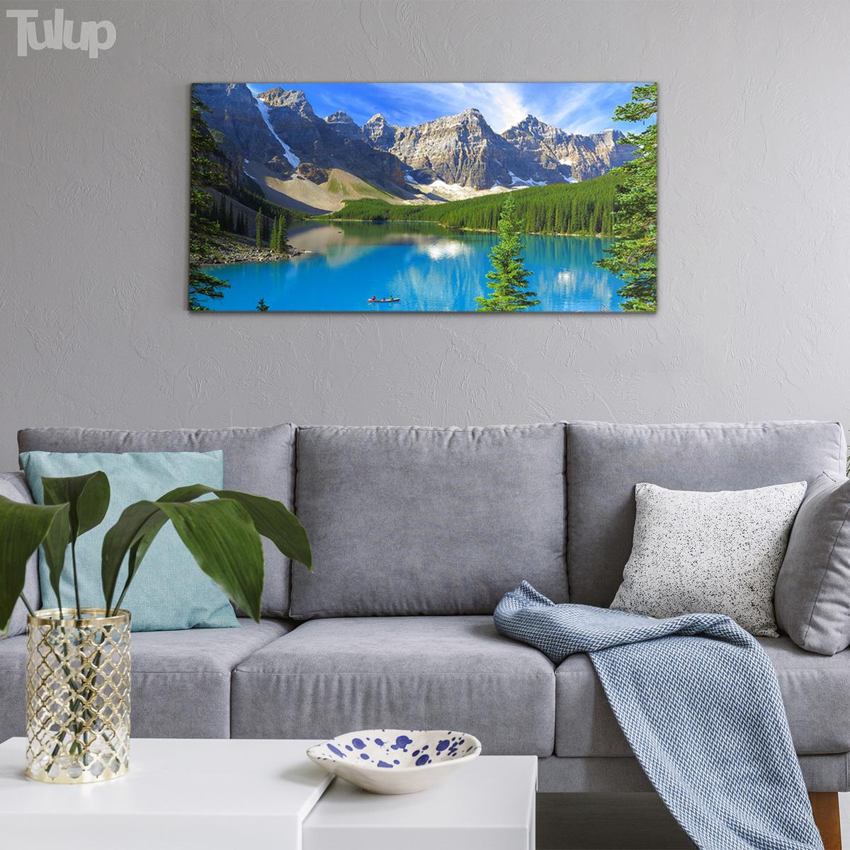 GLASBILD 120x60 cm Berge und Wald - Türkis/Blau, Glas (120/60cm) - TULUP