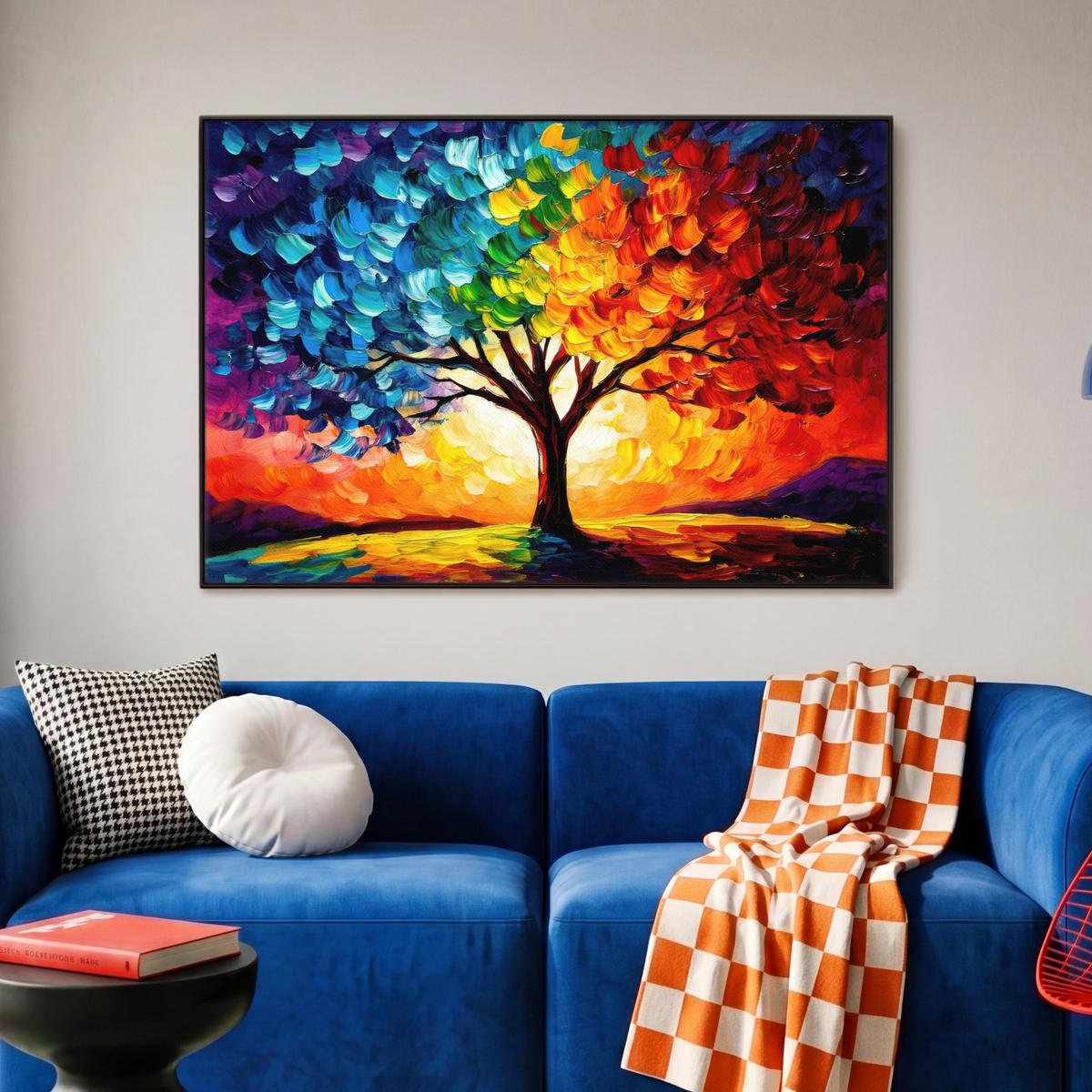 LEINWAND Bilder mit Rahmen - Baum - Kunst - Natur - Sonnenuntergang - 90x60 - Multicolor, Textil (90/60cm) - MuchoWow