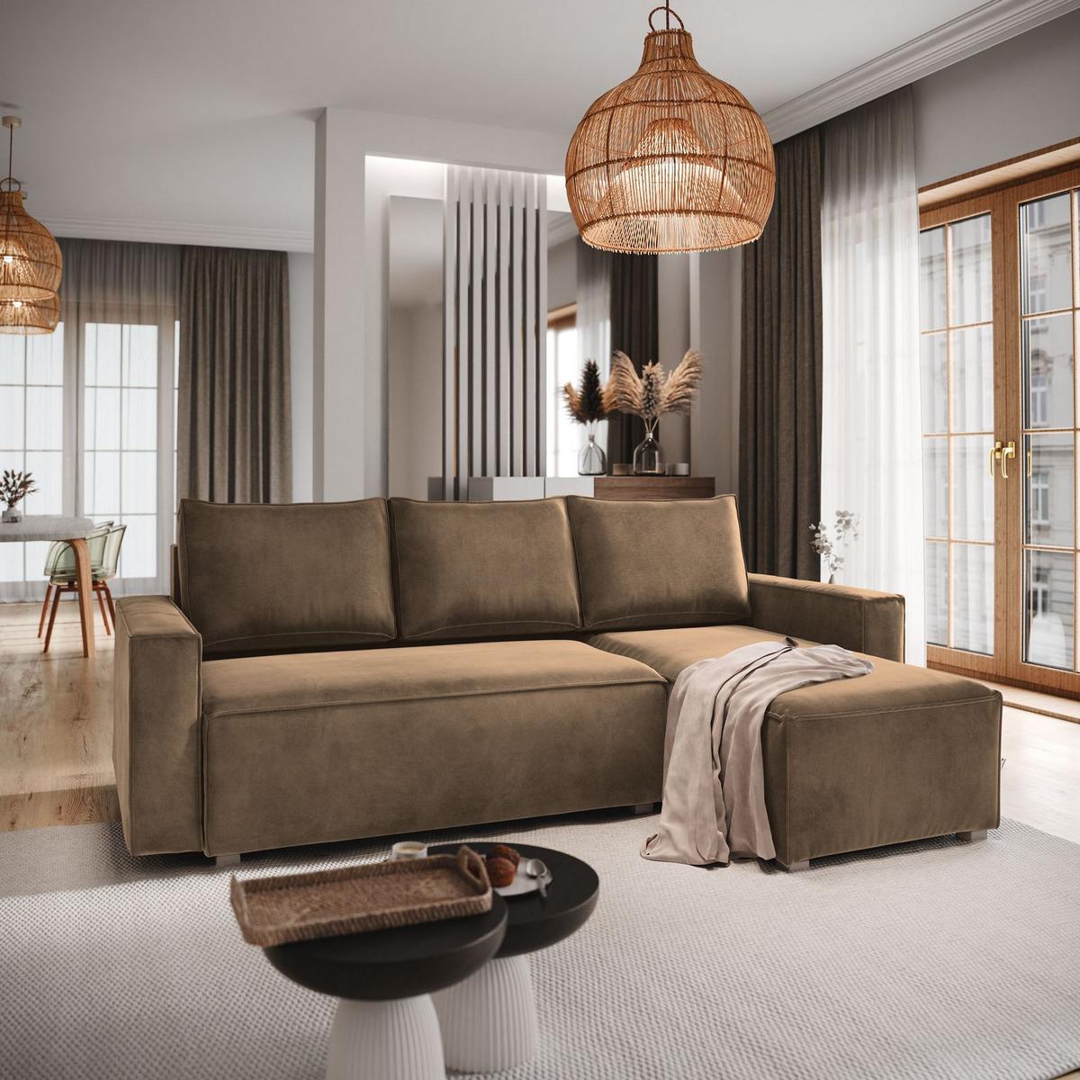 ECKSOFA SILES Beige Velours-Stoff mit Schlaffunktion - Beige/Grau, Holz/Kunststoff (230/140cm) - MASSENO
