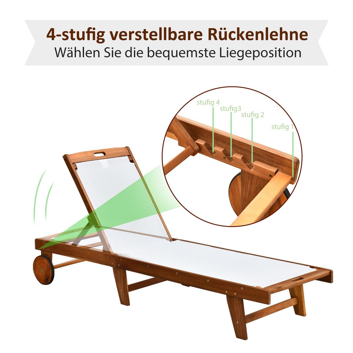 SONNENLIEGE Relaxliege Gartenliege verstellbar Holz Textil Natur+Weiß - Weiß, Holz (55/88.5/198cm) - Outsunny