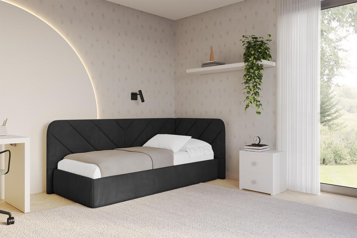 EINZELLBETT Jugendbett mit Bettkasten, Links - FIKY 80x200 Schwarz - Schwarz, Holzwerkstoff/Textil (80/200cm) - ALTDECOR