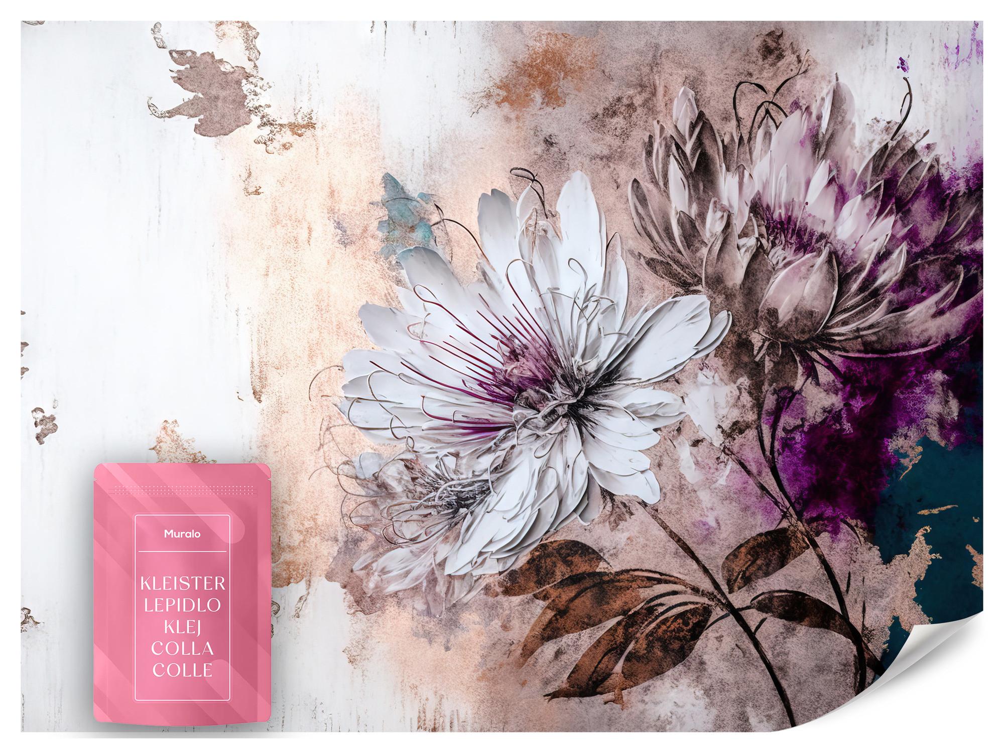 FOTOTAPETE für Wohnzimmer Blumen Blätter Abstraktion 350x256 - Beige/Violett, Papier (350/256cm) - Muralo