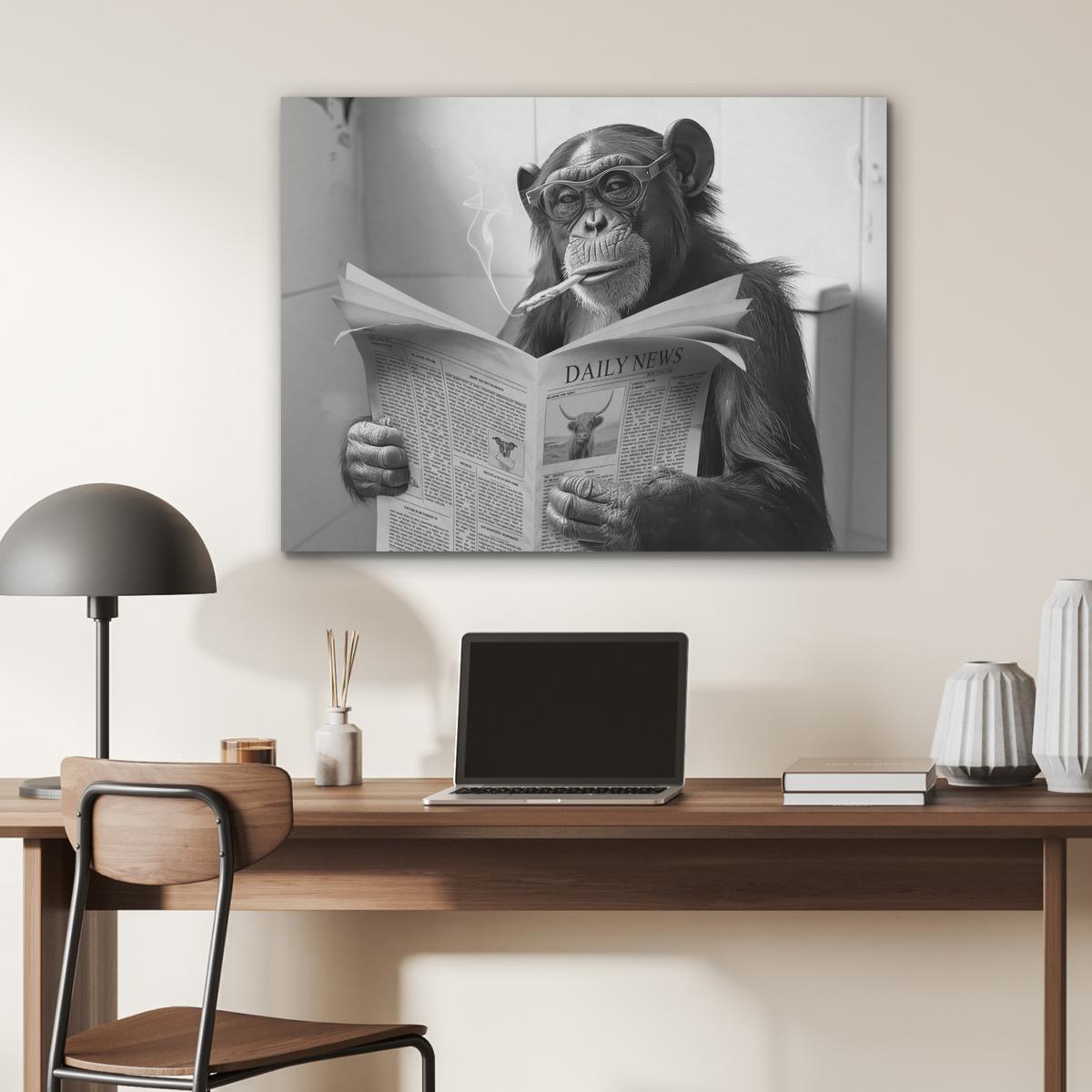 AKUSTIKBILD Affe - WC - Zeitung - Schwarz-Weiß - Humor Gemälde 80x60 cm - Hellgrau, Kunststoff (80/60/0.9cm) - MuchoWow