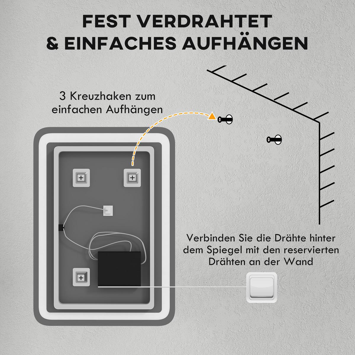 BADSPIEGEL, 50 x 70 cm LED Badezimmerspiegel mit 3 Lichtfarben, Touch-Schalter - Silberfarben, Glas (50/4/70cm) - HOMCOM