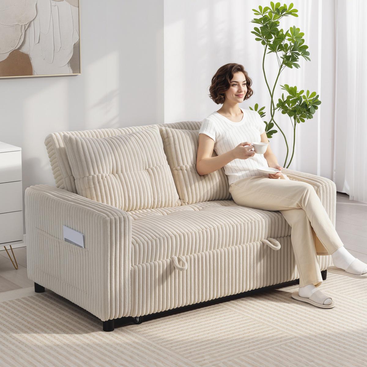 SCHLAFSOFA Polyester Stahl Cremeweiß - Creme/Schwarz, Kunststoff/Textil (90/91/157cm) - HOMCOM