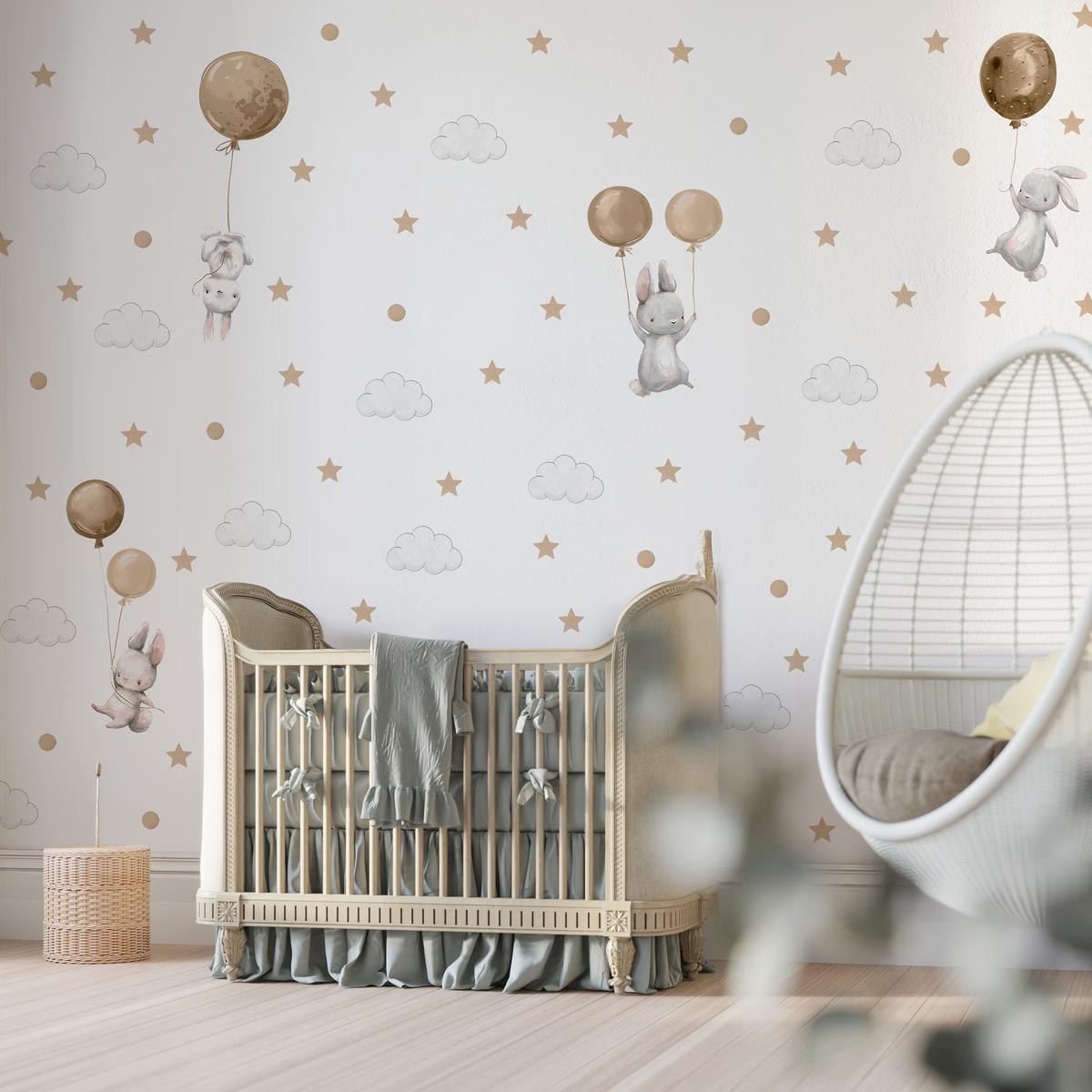 WANDAUFKLEBER SET Hasen Ballons Wolken Sterne 120x60 - Beige/Braun, Papier (120/60/1cm) - Muralo
