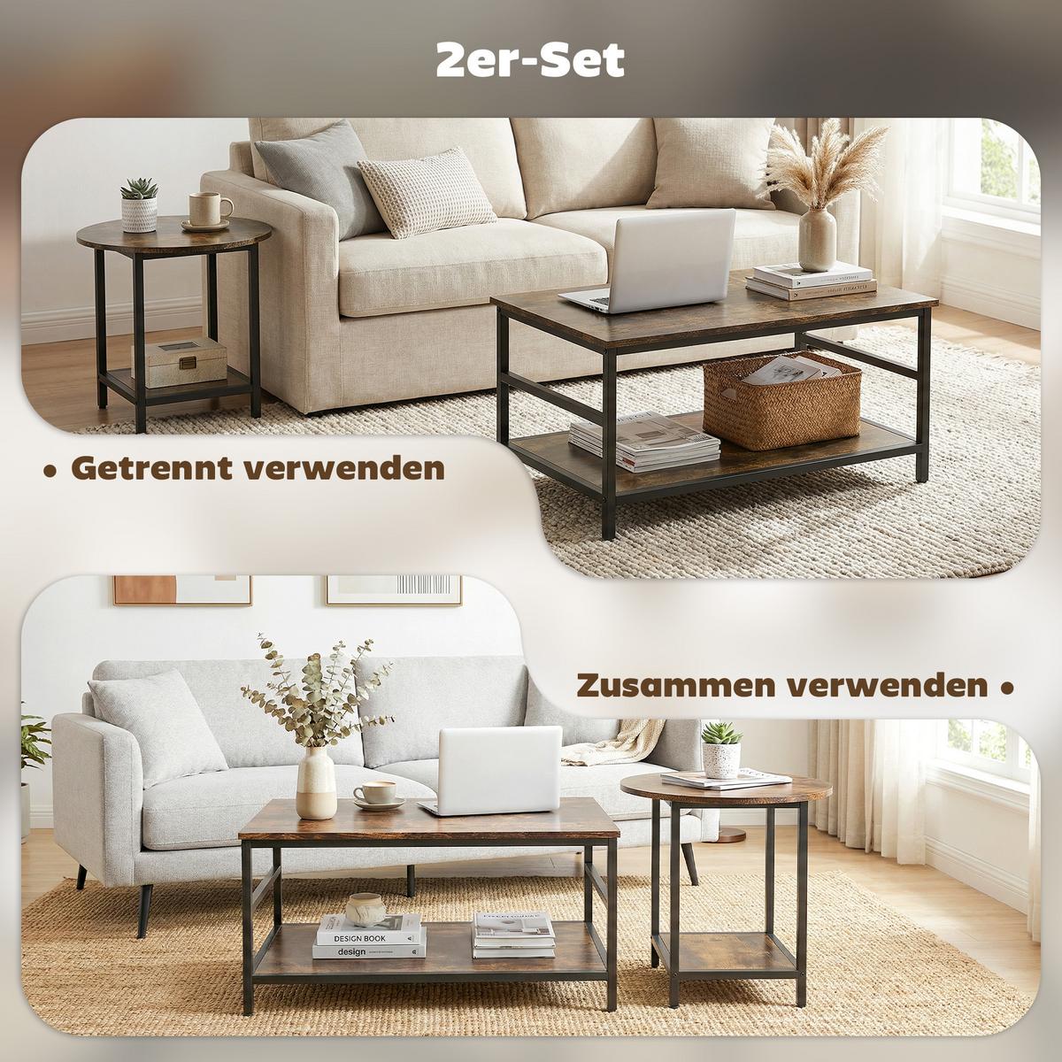 COUCHTISCH 2er Set Stahl Holzwerkstoff Rustikal-Braun - Schwarz/Braun, Holzwerkstoff (80/54/41cm) - HOMCOM