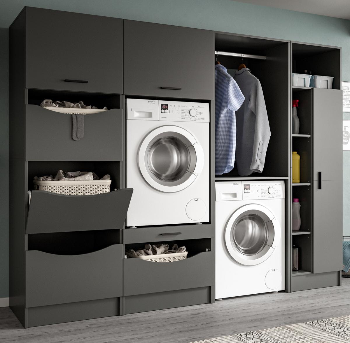 WASCHMASCHINENSCHRANK grau Set 4-teilig 242 x 196 cm, XXXL mit viel Stauraum - Schwarz/Grau, Holzwerkstoff/Kunststoff (242/196/68cm) - Inn.Furn