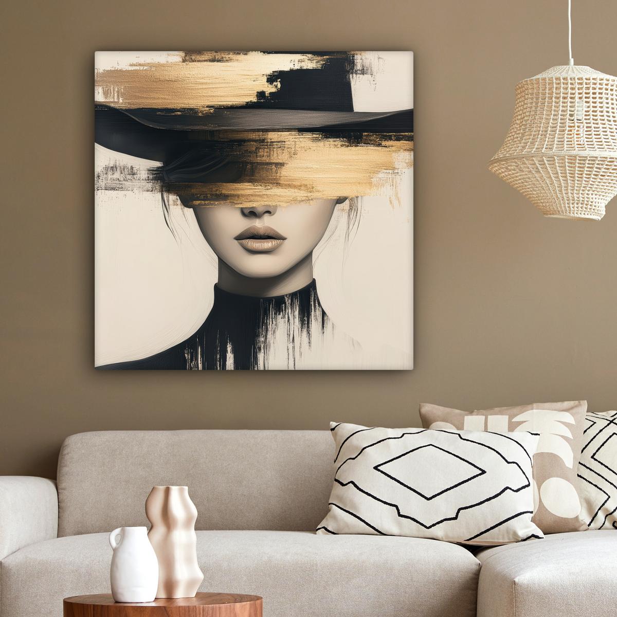 LEINWANDBILD Frau - Hut - Farbe Deko Groß 90x90 cm - Goldfarben, Textil (90/90cm) - MuchoWow