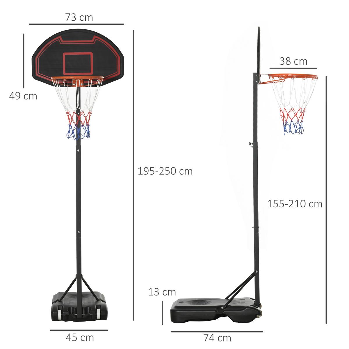 BASKETBALLKORB, Stahl, Schwarz, 73L x 49B x 250H cm - Schwarz, Metall (49/131cm) - HOMCOM