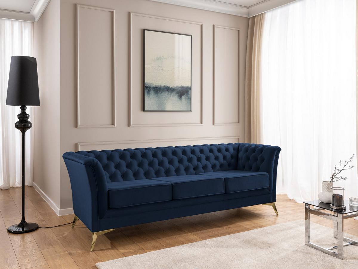 CHESTERFIELD-SOFA 3-sitzer Whitby Marineblau Samt mit goldenen Füßen - Goldfarben/Dunkelblau, Holz/Textil (237/78/82cm) - S-Style Möbel