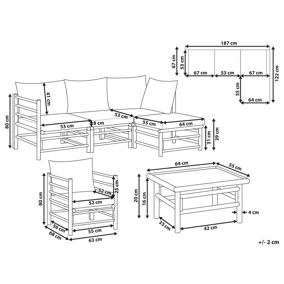 LOUNGE SET 5-Sitzer Bambusholz hellbraun 4-teilig Auflagen cremeweiß Cerreto - Creme, Holz - Beliani