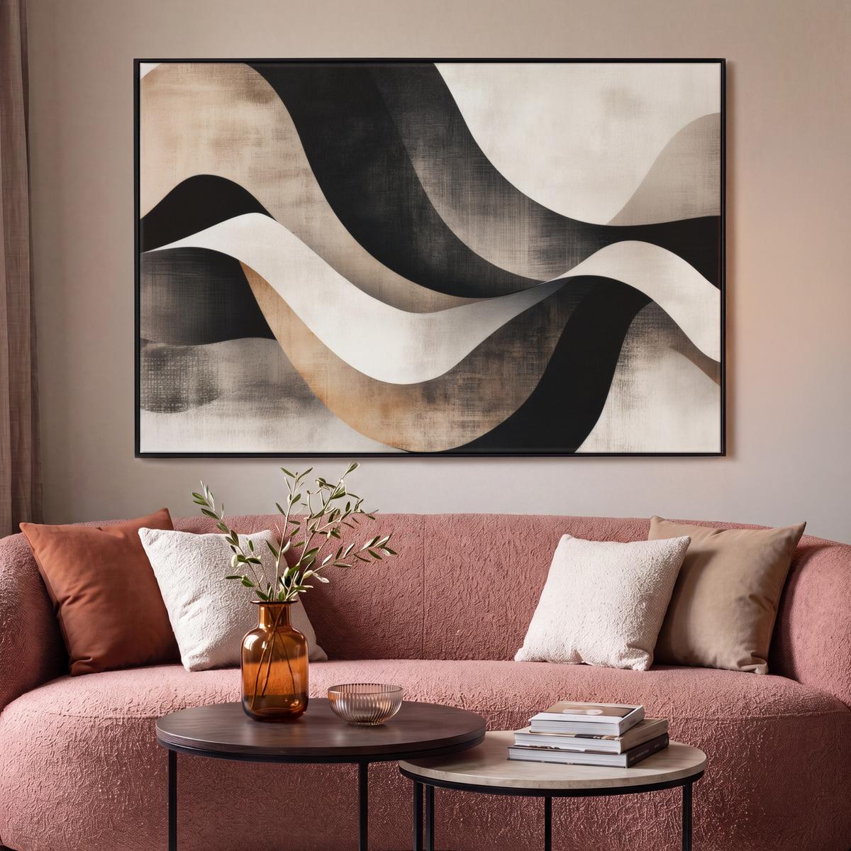 LEINWAND Bilder mit Rahmen - Abstrakt - Wellen - Schwarz - Verwittert - 150x100 - Trüffeleichefarben, Textil (150/100cm) - MuchoWow