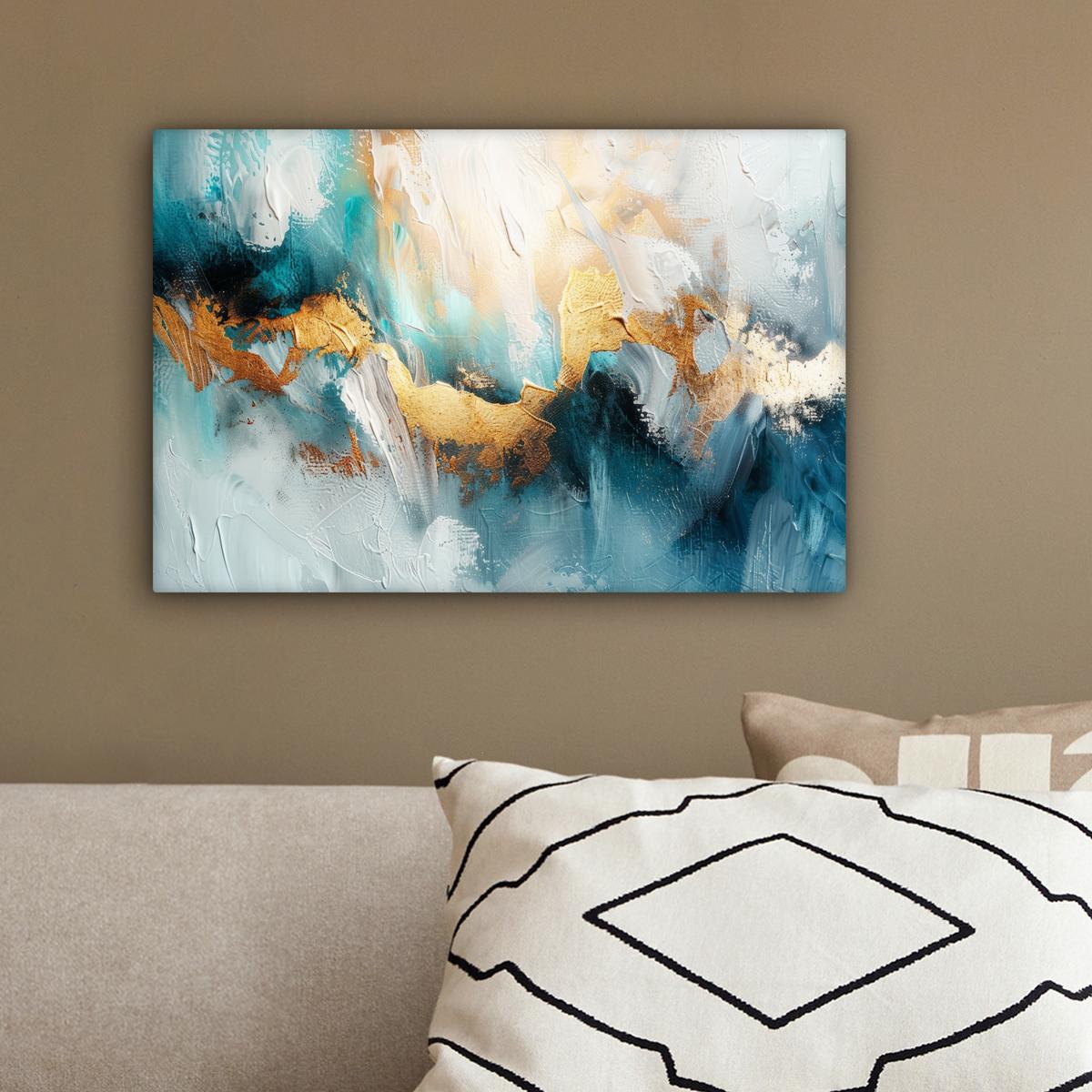 LEINWANDBILD Abstrakt - Kunst - Gold - Blau Deko Schlafzimmer 30x20 cm - Petrol, Textil (30/20cm) - MuchoWow