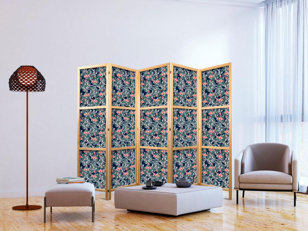 PARAVENT Japanischer 5-tlg 225x172 cm Koi-Fische - Blau, Holz/Textil (225/172/3cm) - Muralo