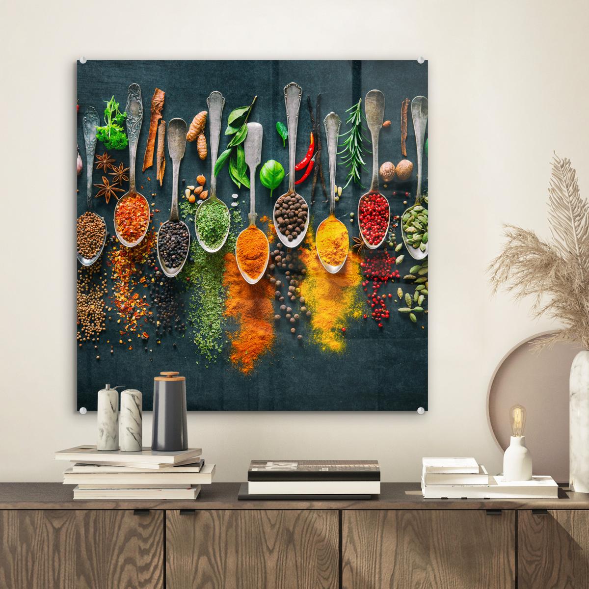 ACRYLGLASBILD Kräuter - Gewürze - Löffel 50x50 cm - Currygelb, Glas (50/50cm) - MuchoWow
