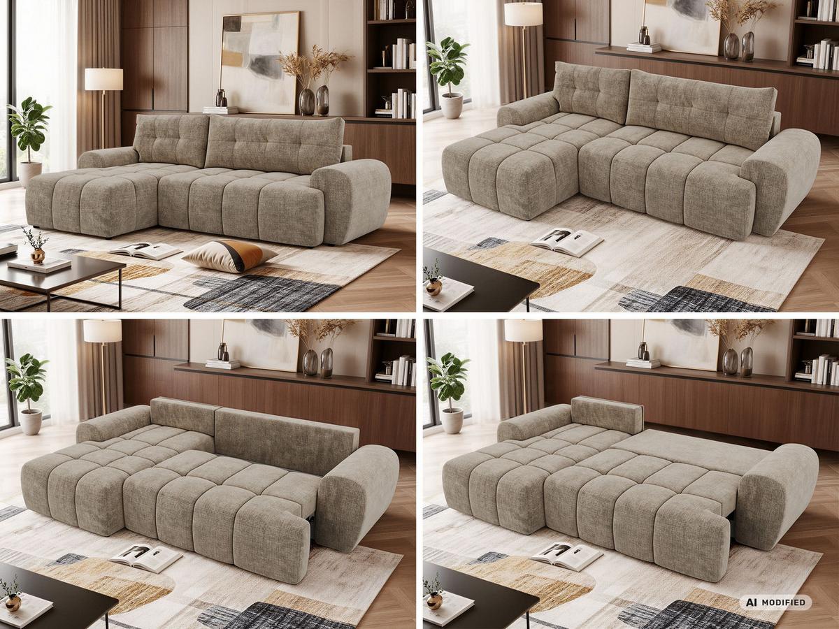 ECKSOFA MARIVO L - Beige Schenille grob gewebt - Links Seite - Beige/Schwarz, Kunststoff/Textil (161/271cm) - MKS