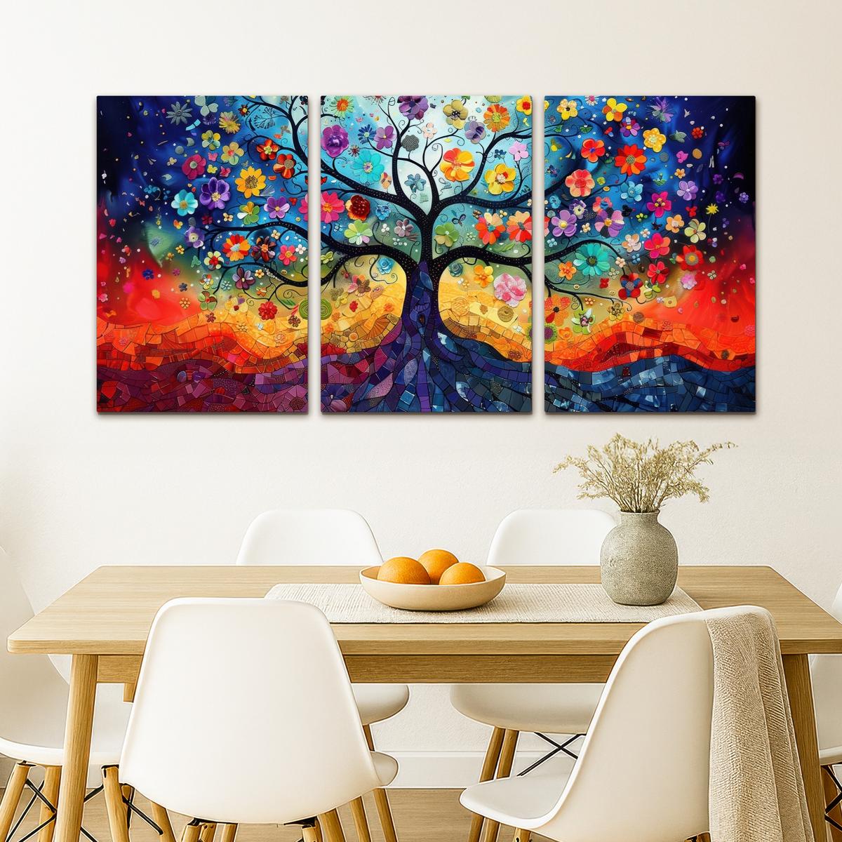 LEINWANDBILD 3er Set Bunt - Baum des Lebens - Blumen - Abstrakt 120x60 cm - Blau, Textil (120/60cm) - MuchoWow