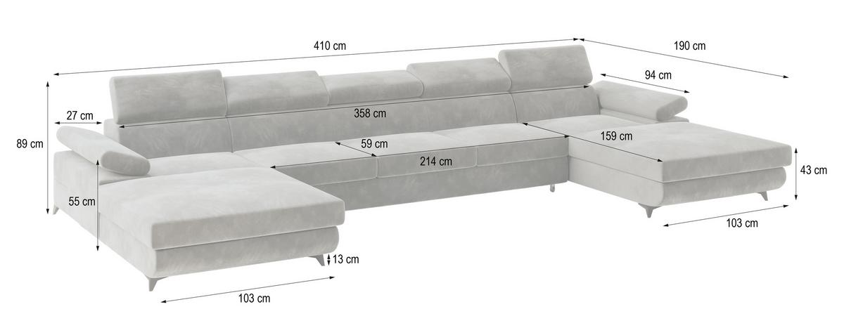 WOHNLANDSCHAFT VIVENTE Hellgrau Velours-Stoff mit Schlaffunktion - Hellgrau, Holz (410/89/190cm) - MASSENO