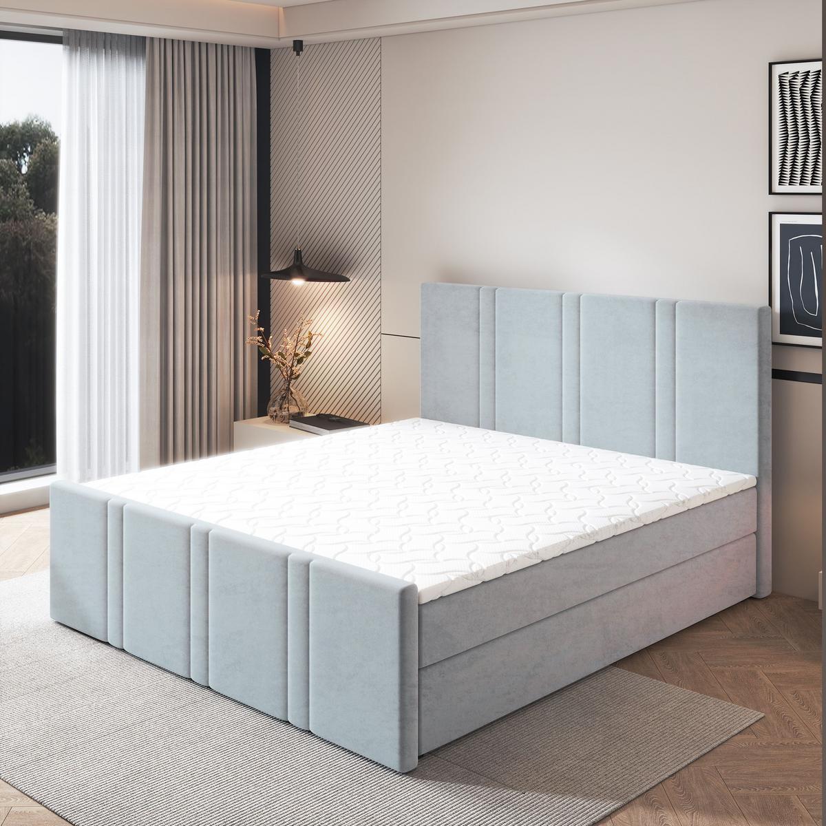 BOXBETT COMOZA 180x200 cm mit Matratze und Topper - Hellgrau - Hellgrau, Holz (180/200cm) - MASSENO